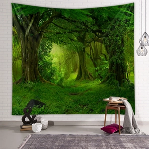 Close-up of high-definition forest landscape tapestry on a white brick wall