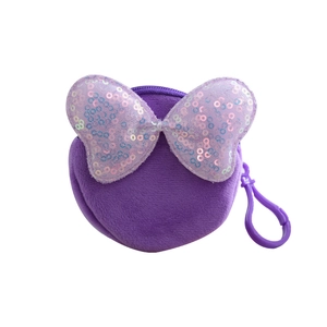 Purple plush coin purse with pink sequin bow and plastic keychain hook