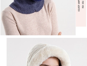 Detail of ribbed knit neck gaiter and thick plush lining on the winter ear-protection hat