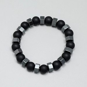 Unisex retro hematite beaded bracelet with matte black stones and silver polygon accents