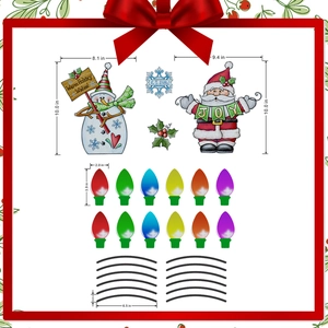 Detailed dimensions of Santa and Snowman reflective magnetic decals for garage doors