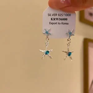 Elegant S925 silver starfish drop earrings featuring a navy blue gemstone and ocean theme