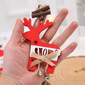 Wooden Christmas reindeer ornament with bells and SNOW carving for holiday decor