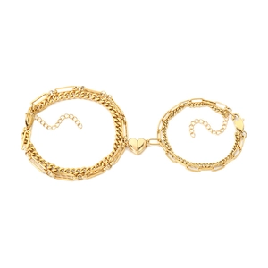 Golden magnetic heart couple bracelets with layered thick and thin chain stitching design