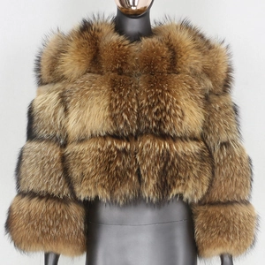 Short brown faux fur jacket with layered raccoon fur texture on a black mannequin