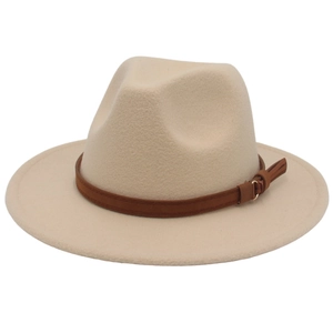 Classic beige wool fedora hat with a brown leather belt and golden buckle