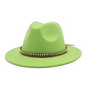 Detail of neon green wool fedora hat featuring brown braided band and gold bead accents