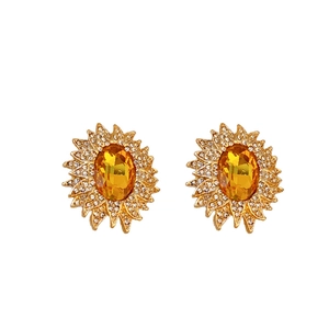 Vintage sunflower gold earrings with yellow oval gem and sparkling crystal rhinestones