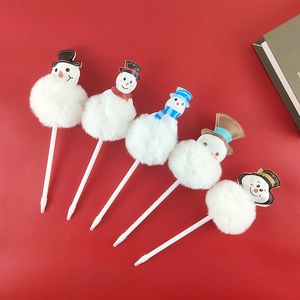 Christmas snowman plush ball ballpoint pens set with white barrels on red background