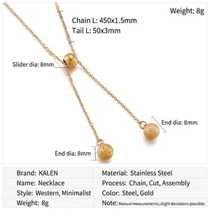 Detail of gold stainless steel ball necklace showing 8mm bead size and measurements