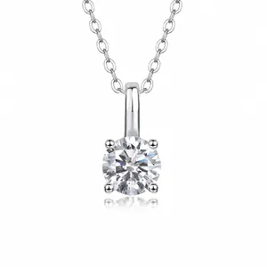 925 Sterling Silver Moissanite Pendant Necklace Round Cut Solitaire 1ct Lab Diamond Four-Prong Plated White Gold Jewelry