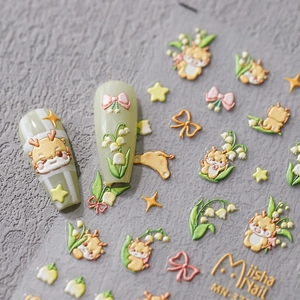 5D embossed nail stickers featuring cute deer, lily of the valley, and pink bow patterns