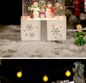 Detail of a Christmas snowman music box base with snowflakes and holiday lighting