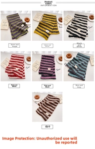 Collage showing seven color variations of striped wool knit scarves for winter styling