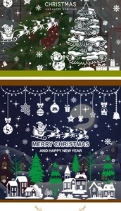 Detail of Christmas window stickers with Santa, reindeer and Merry Christmas greetings