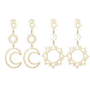 Stainless Steel Celestial Star Moon Sun Drop Earrings Gold Plated Hollow Out Asymmetrical Long Tassel Jewelry For Women