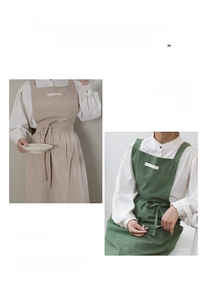 Detail of cross-back cotton aprons in beige and dark green with functional pockets