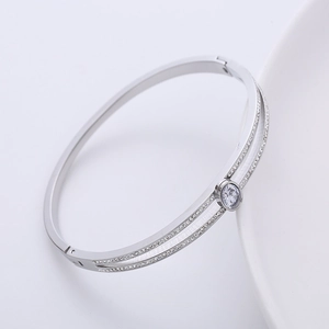Macro detail of silver-tone stainless steel bangle with double-row crystals and center stone