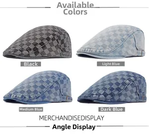 Detail view of denim checkerboard beret caps in four colors with adjustable side buckles
