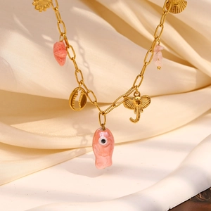 Paperclip Chain Ocean Charm Necklace For Women 18K Gold Plated Stainless Steel Fish Shell Sunflower Elephant