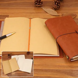 Vintage brown leather traveler notebook with elastic strap on a wooden background