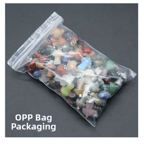 Macro shot of 2cm natural crystal mushroom pendants in bulk OPP bag packaging