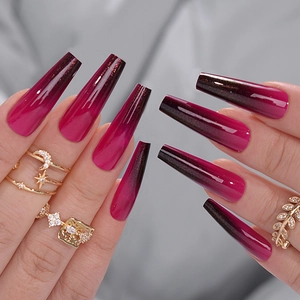 Long coffin gradient press-on nails in rose red to black with glitter finish