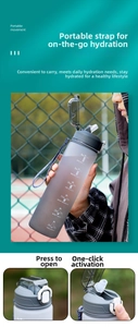 Detail of gradient frosted sports water bottle with time markers and carry strap