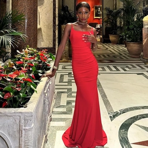 Elegant red long mermaid dress with spaghetti straps and ruched waist detail