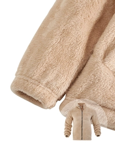 Detailed macro view of khaki fleece jacket cuffs showing stitching and thick texture