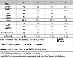 Size guide and detailed material specifications for black PU leather blazer jacket