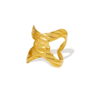 Cross textured open ring in 18K gold stainless steel shown from 45-degree angle