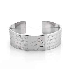 Silver stainless steel open bangle with engraved Om symbol and scripture text