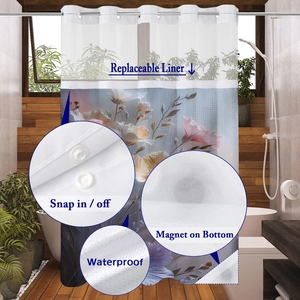 Waterproof shower curtain detail with snap-in liner and weighted bottom magnets