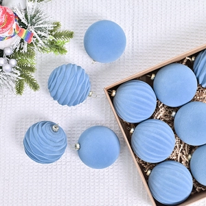Velvet 8cm Christmas balls with swirl patterns in light blue on white fabric