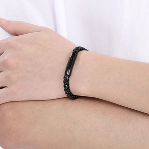 Close-up of men's matte black stainless steel keel chain bracelet with magnetic clasp