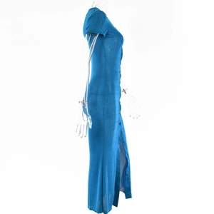 Detailed side view of a slim fit blue ribbed knit maxi dress with V-neck and side slit