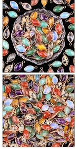 Macro view of multi-color marquise semi-precious stone pendants with gold metal plating