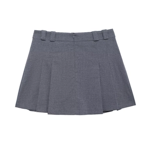 Grey Pleated Mini Skirt For Women Low Waist Woven Fabric Preppy School Style With Inner Safety Shorts Hidden Zipper