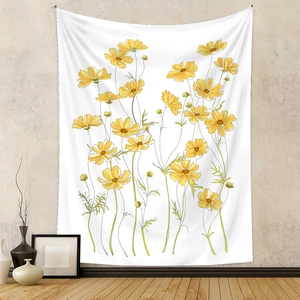 Detail of artistic yellow cosmos floral tapestry on a minimalist white background