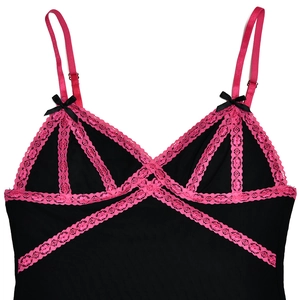 Detail of black camisole showing pink lace trim, bow, and adjustable straps