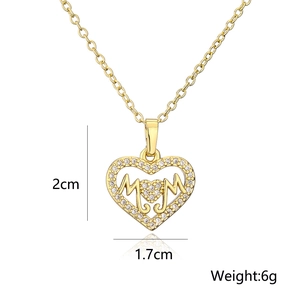 Detail view of 18K gold plated heart MOM pendant necklace showing size 2cm by 1.7cm
