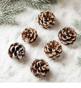Detail of 6 natural pine cones with snowy white tips and silver wire hangers for tree decor