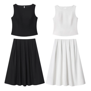 Completo Donna Top Senza Maniche E Gonna Midi Pieghe Linea A Tinta Unita Poliestere Minimalista Casual Estate