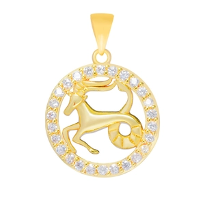 Detail shot of a gold-plated Capricorn zodiac pendant with sparkling zircon circle