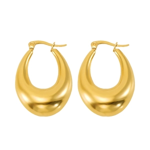 Macro shot of chunky gold water drop hoop earrings with polished stainless steel finish