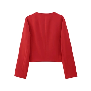 Back view of a red cropped collarless jacket with gold buttons and central seam detail