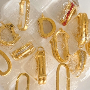Golden earrings collection including D-shape and crystal studs frozen in textured ice