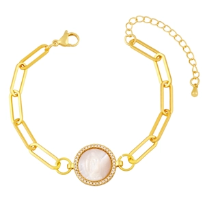 Gold chain bracelet featuring Virgin Mary mother of pearl medal with white zircons