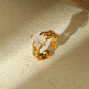 Adjustable gold titanium steel ring with natural white crystal and unique fence design